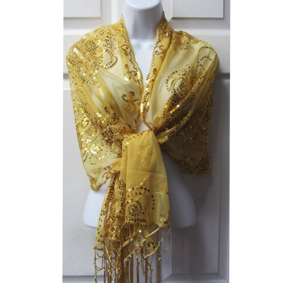 Gold Dressy Sequin Sparkle Scarf Shawl Wrap Wedding Bridal Formal Evening Prom - Picture 3 of 3